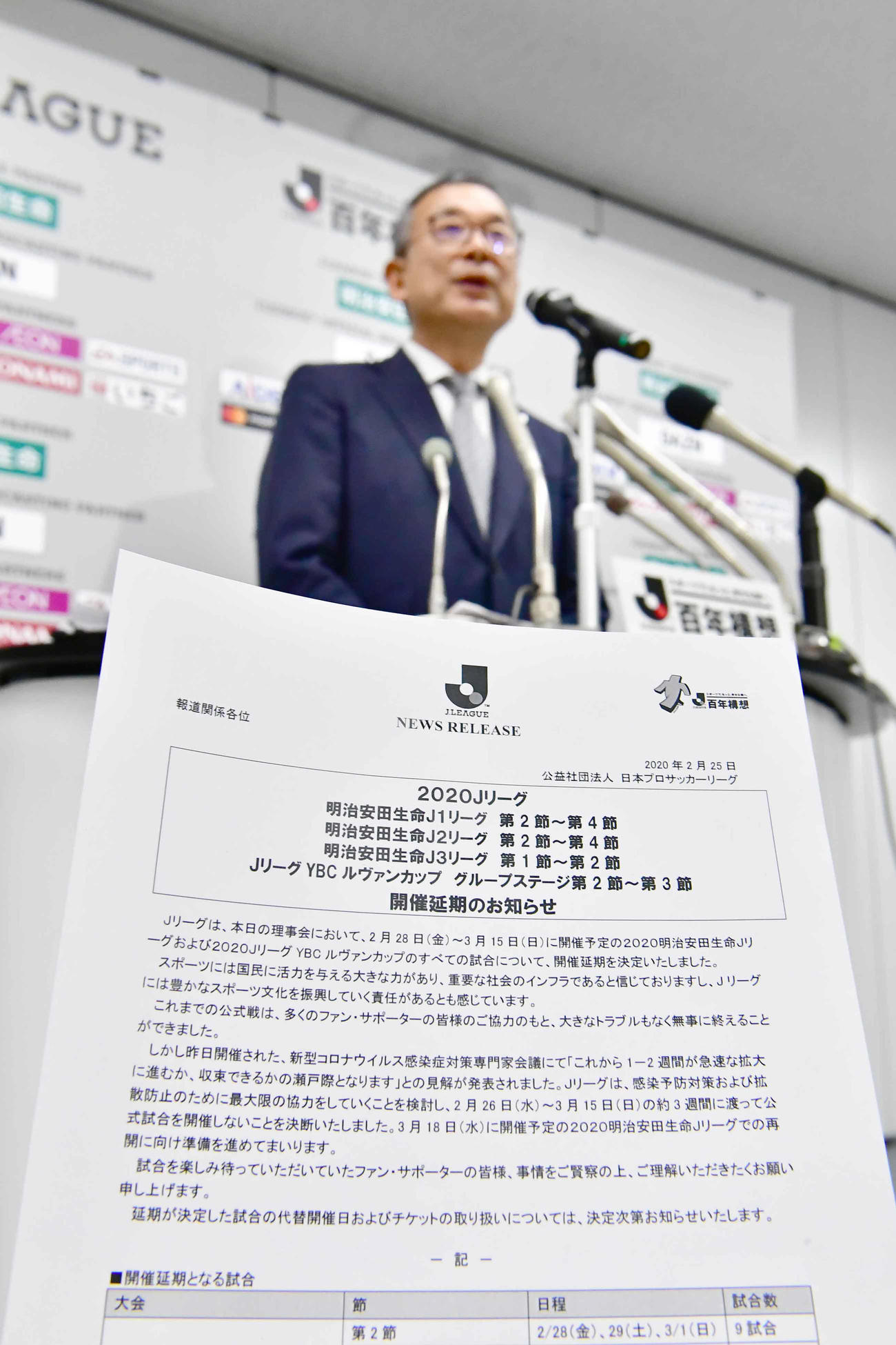 新型コロナウイルスの影響によりルヴァン杯第2節の7試合の延期と3月15日までの全ての公式戦開催を延期すると発表したJリーグの村井満チェアマン（撮影・小沢裕）