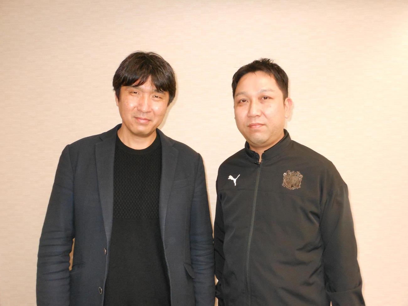 C大阪の本拠地「桜スタジアム」の完成を目指す佐伯真道氏（左）と音田堅太郎氏