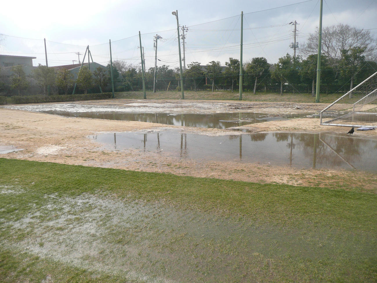 地下の下水道管が破損し、水があふれ出した鹿島ユースグラウンド（2011年3月11日撮影）