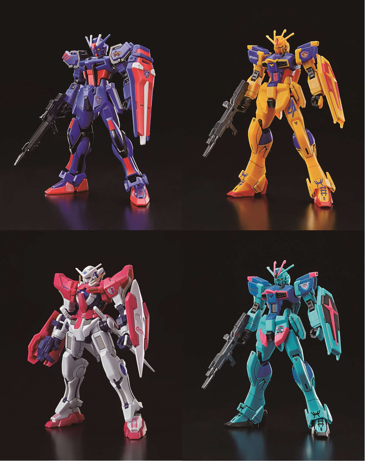 Jリーグコラボレーションガンプラ　左上から時計回りにFC東京、ベガルタ仙台、サガン鳥栖、セレッソ大阪