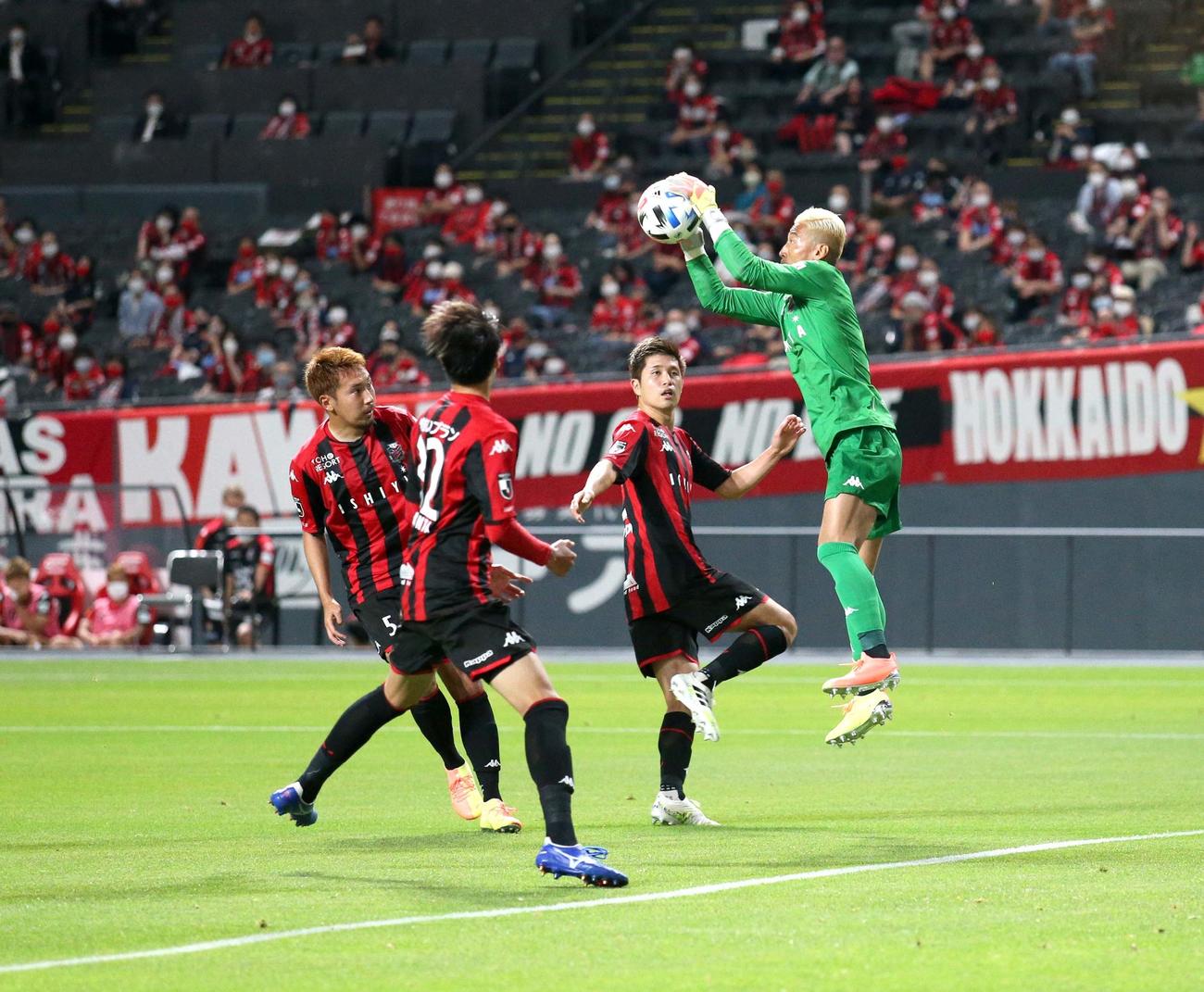 札幌対東京　前半、ボールをキャッチする札幌GK菅野孝（右）（撮影・佐藤翔太）