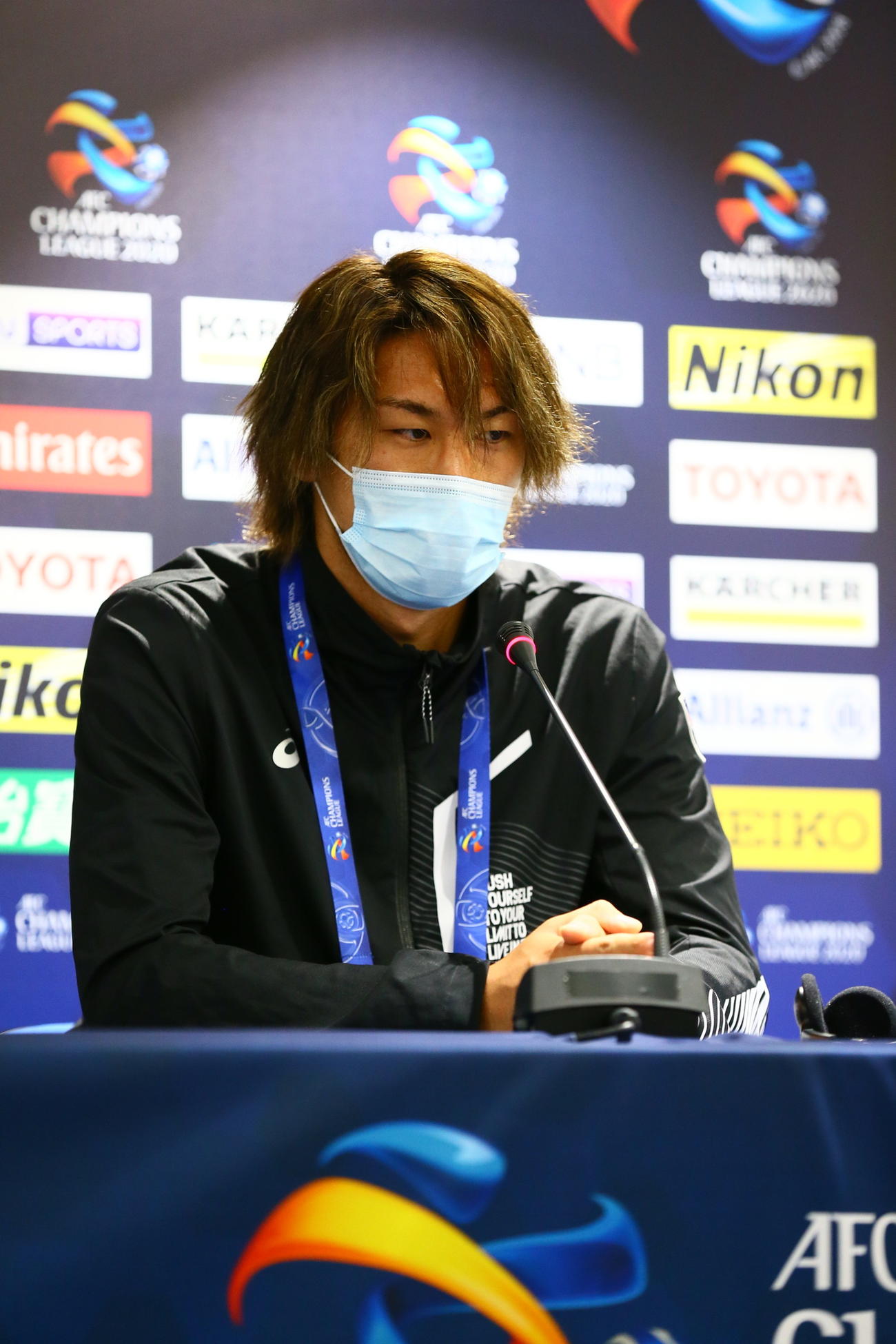 ACLの公式会見に臨む神戸DF菊池（C）VISSEL　KOBE