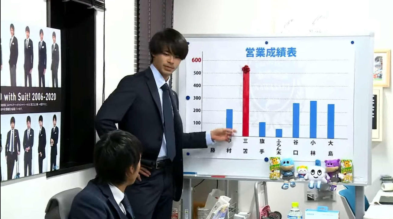 新体制発表会でコントを披露する、川崎F・MF三笘薫（奥）。手前は中村憲剛氏（YouTubeより）
