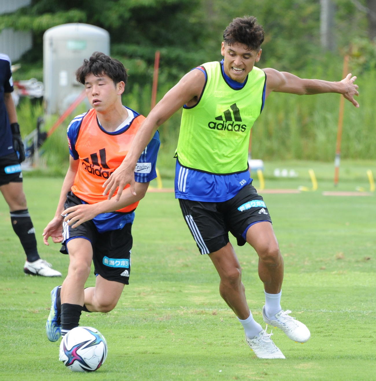 ボールを競り合う新潟矢村とロメロ・フランク（右）