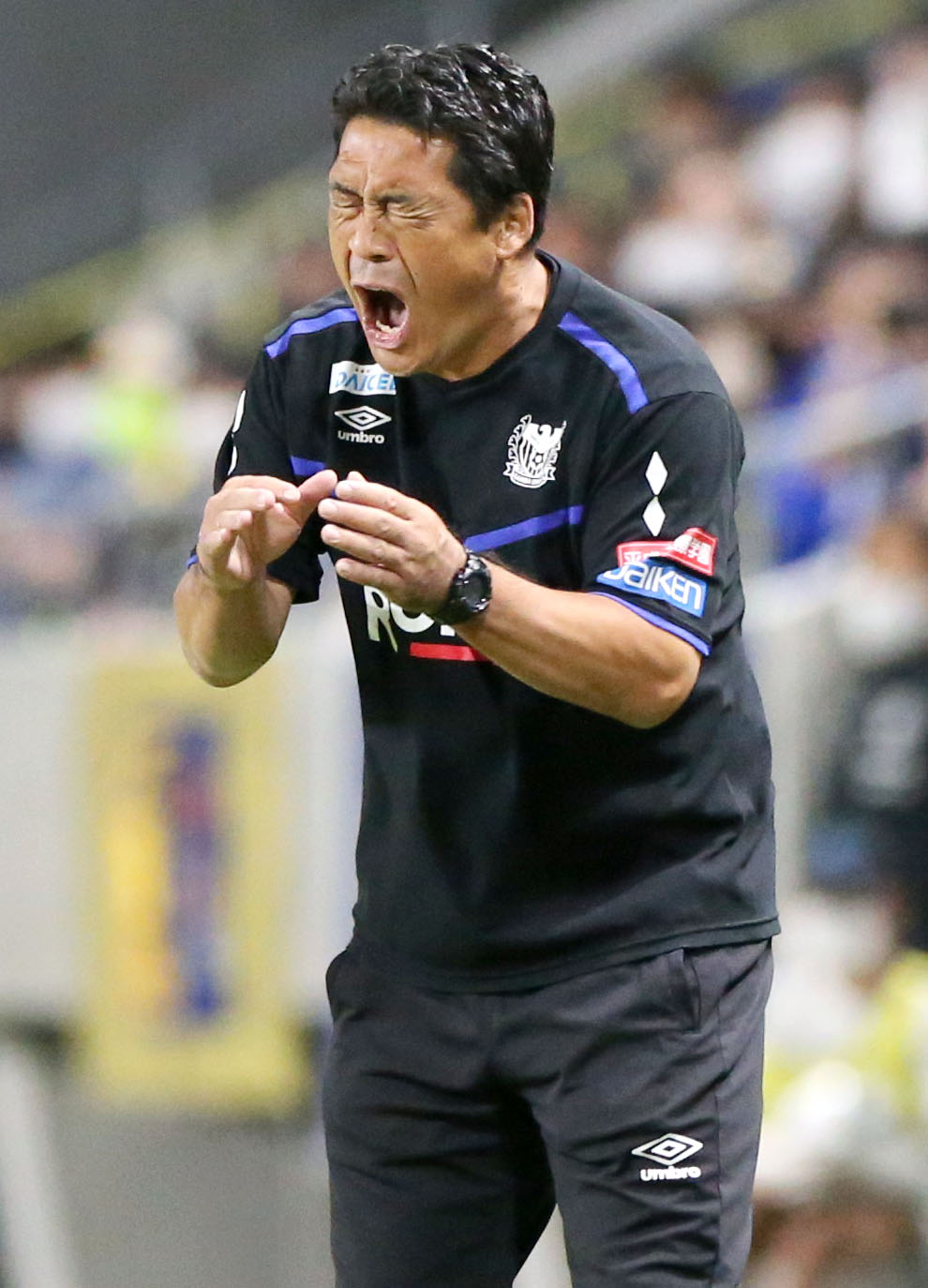 G大阪対柏　後半、オーバーアクションで選手に指示を出すG大阪の松波監督（撮影・上山淳一）
