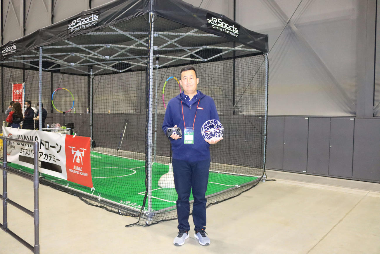 ドローンサッカーの北海道普及に力を入れるドリームベース和合常務取締役（撮影・保坂果那）