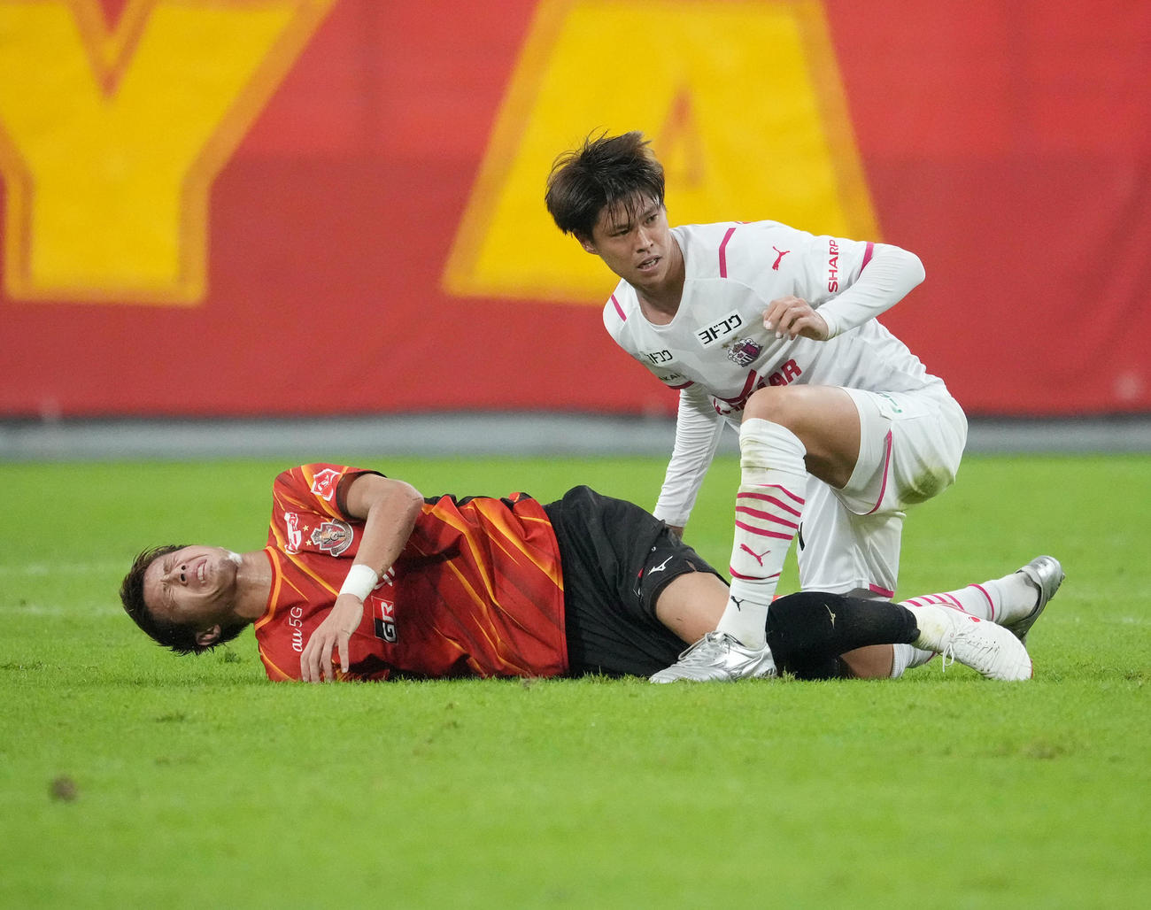第101回全日本サッカー選手権天皇杯準々決勝　名古屋対C大阪　前半、C大阪鳥海（右）に倒され苦悶の表情を見せる名古屋柿谷（左）（撮影・森本幸一）