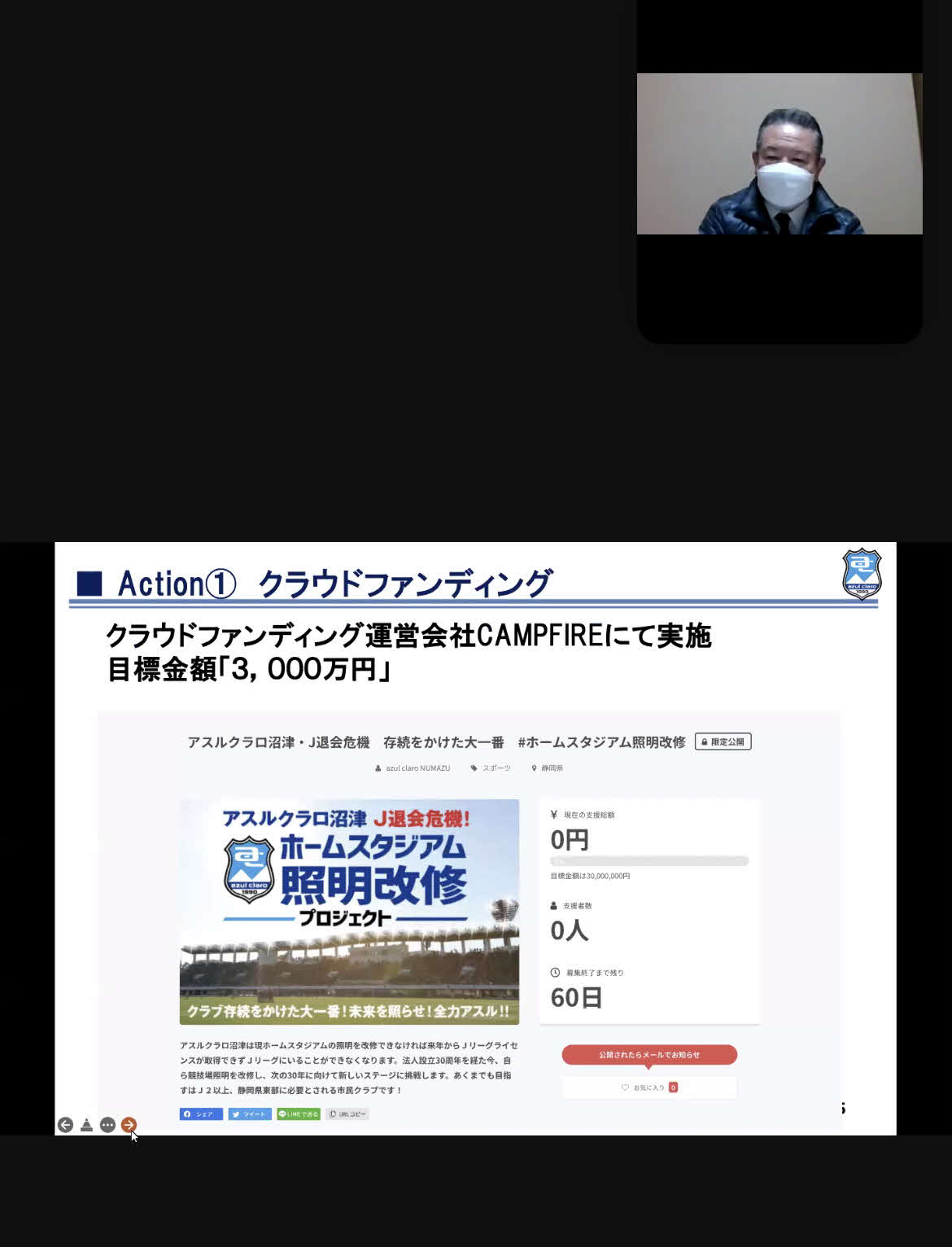 ホームスタジアム照明改修プロジェクトについて説明する沼津の渡辺社長