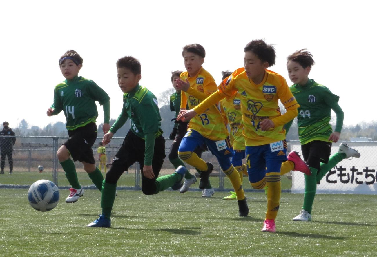 ボールを追う会津サントスFCとベガルタ仙台ジュニアの選手たち（撮影・峯岸佑樹）