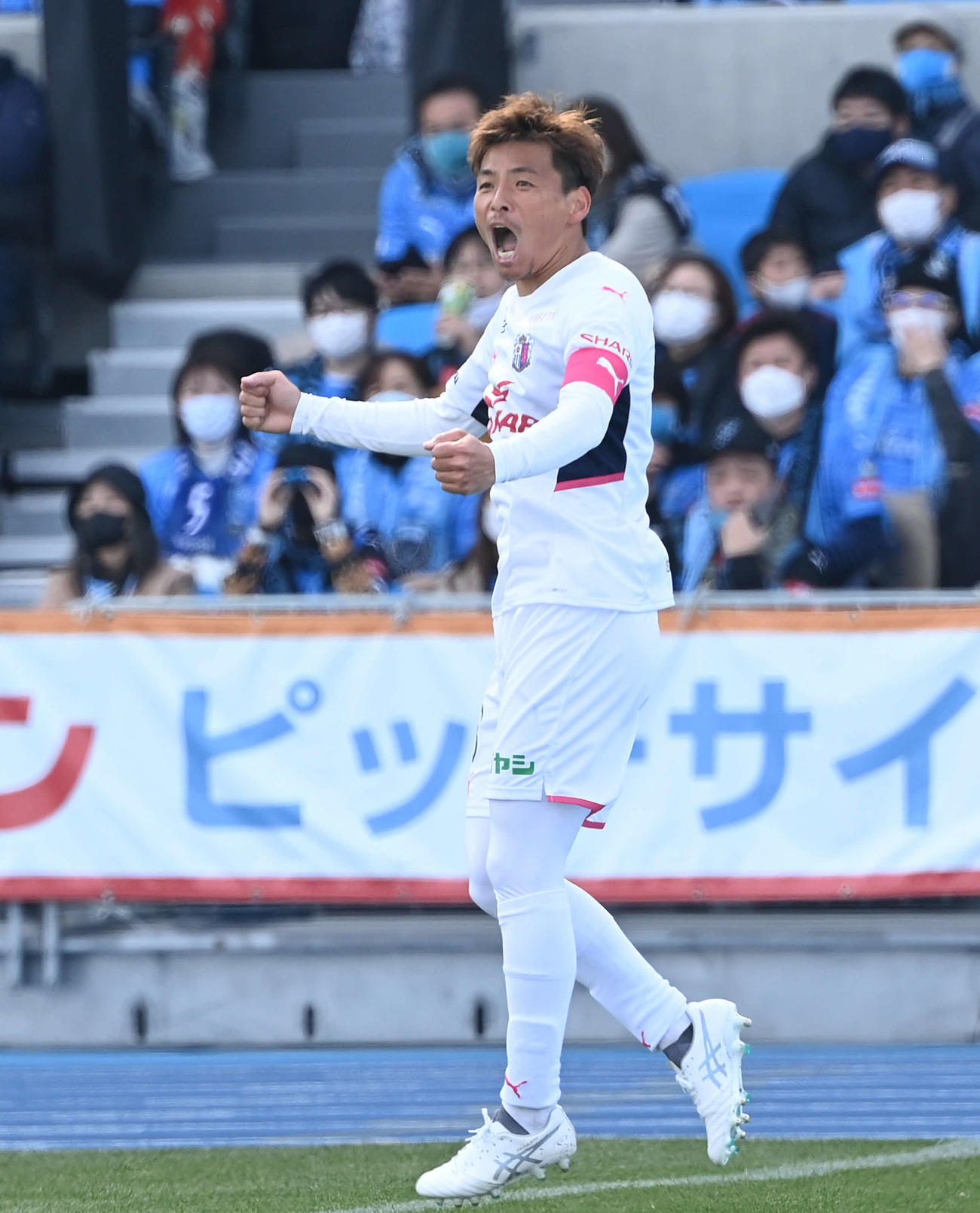 川崎F対C大阪　前半、先制点を決めて雄たけびを上げるC大阪乾（撮影・山崎安昭）