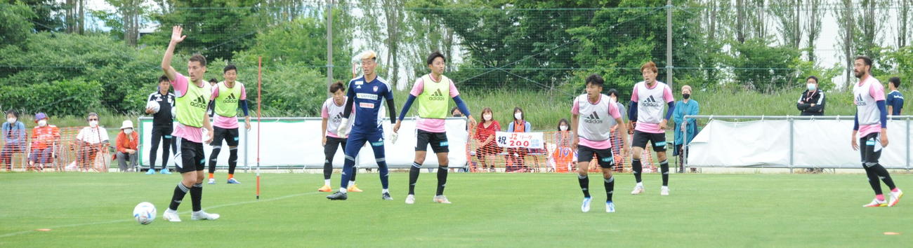 後援会会員約30人のサポーターが練習を見つめる