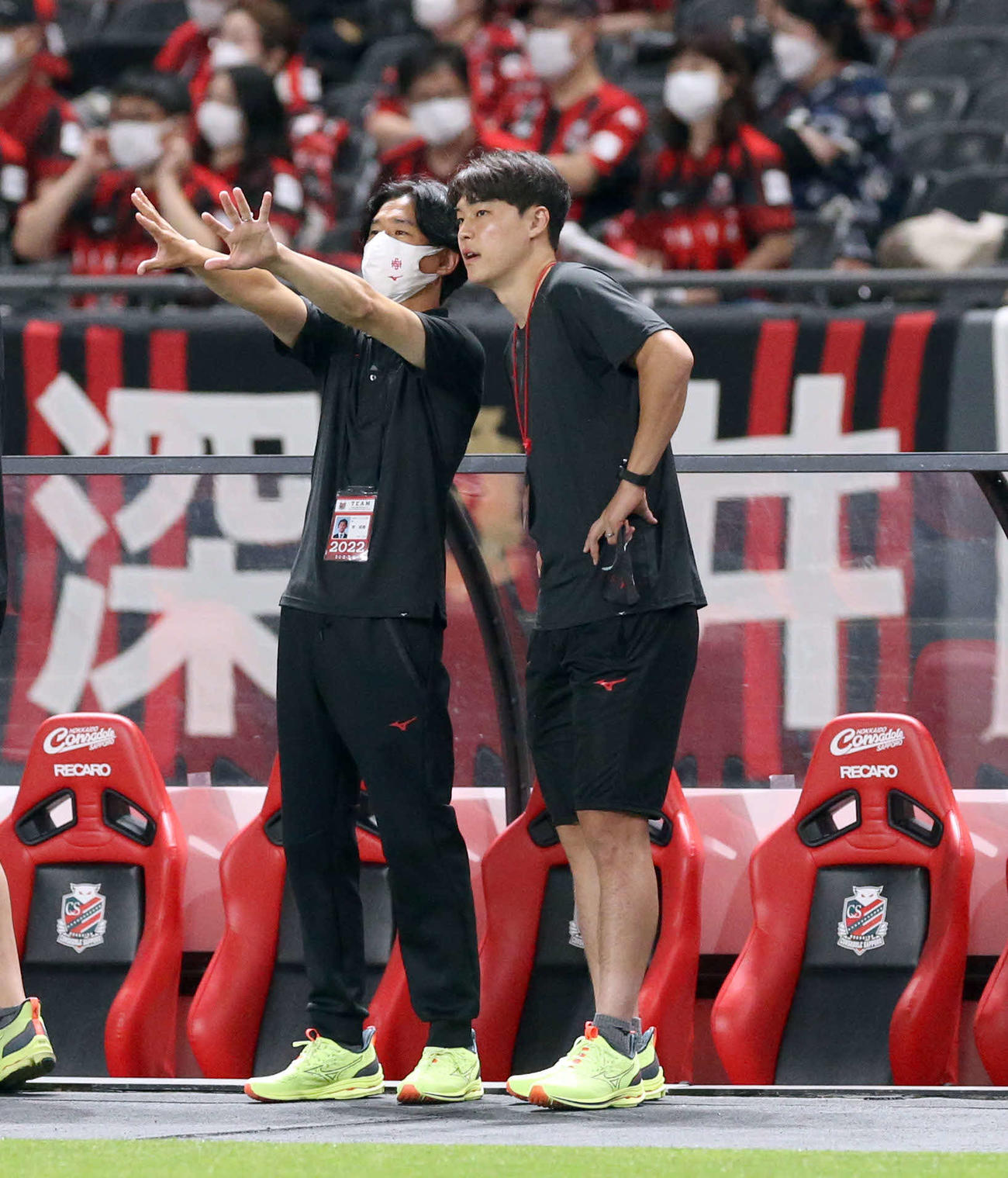 札幌対神戸　試合前、ベンチ前で見学する札幌キム・ゴンヒ（右）（撮影・佐藤翔太）