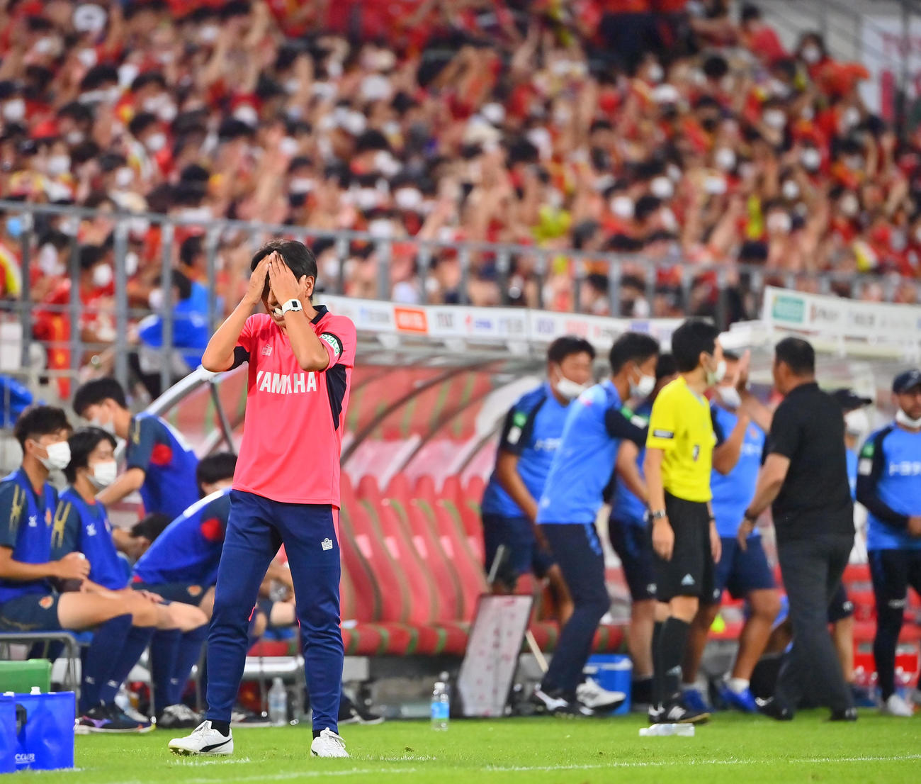 名古屋対磐田　試合終了の瞬間、両手で顔をおおう磐田渋谷監督、右奥は名古屋長谷川監督（撮影・和賀正仁）