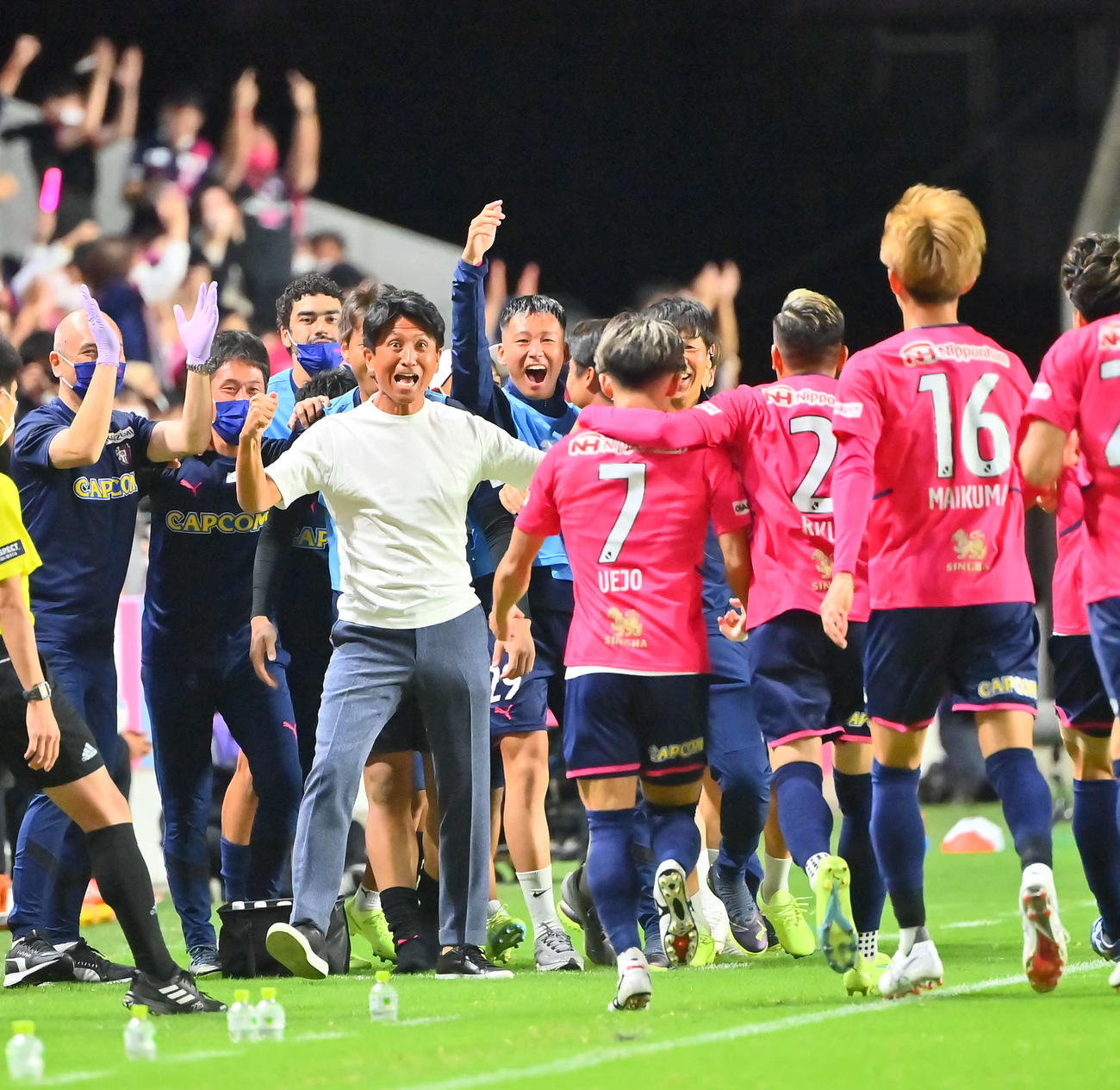 C大阪対浦和　前半、C大阪上門の先制ゴールでガッツポーズの小菊監督（撮影・和賀正仁）