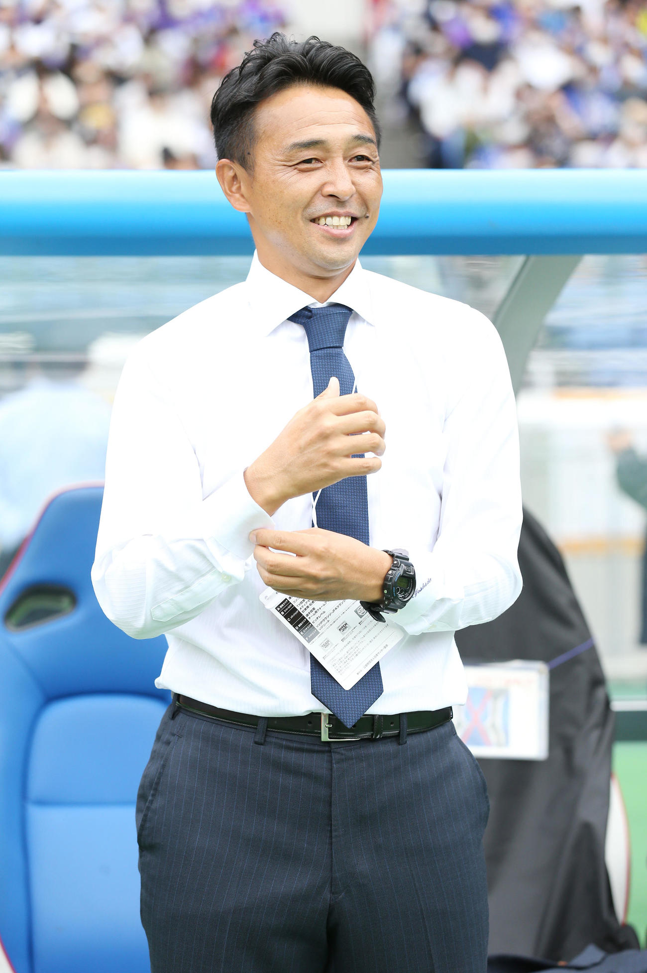 甲府対広島　試合前、笑顔を見せる甲府吉田監督（2022年10月16日）