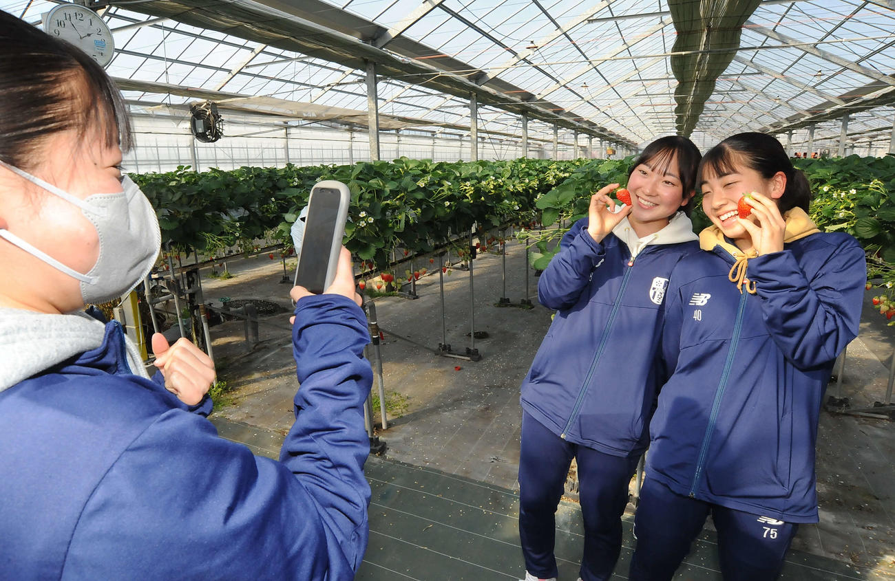 にぎやかにスマホで記念写真を撮る藤枝順心の選手ら
