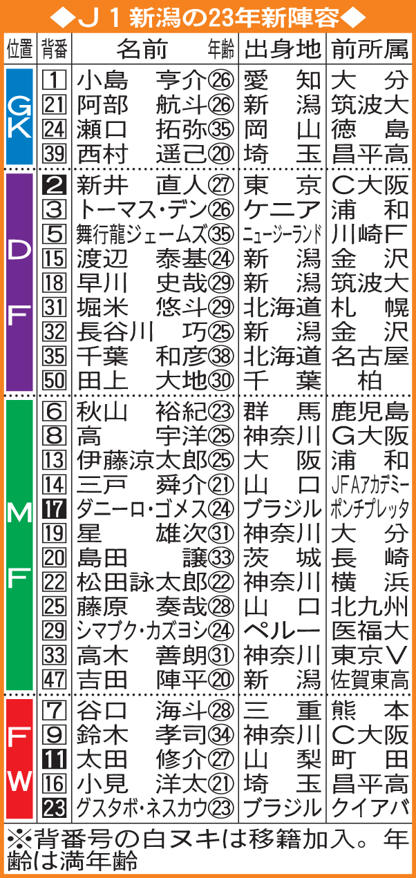 新潟の23年新陣容
