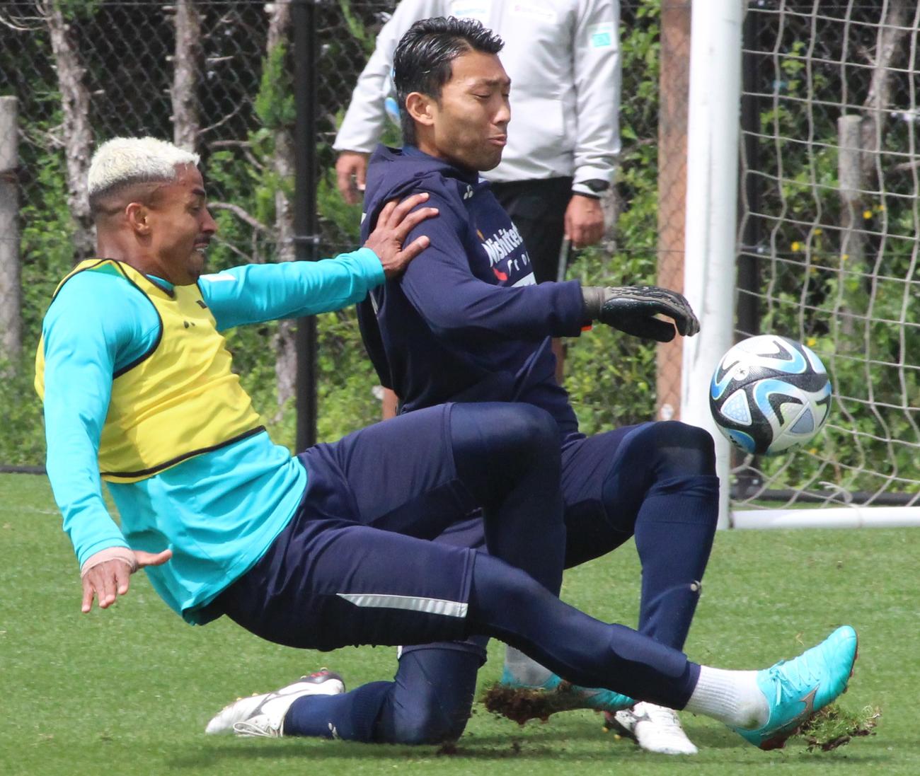 練習で、激しくボールを奪い合うFWルキアン（左）とGK村上昌謙（撮影・菊川光一）