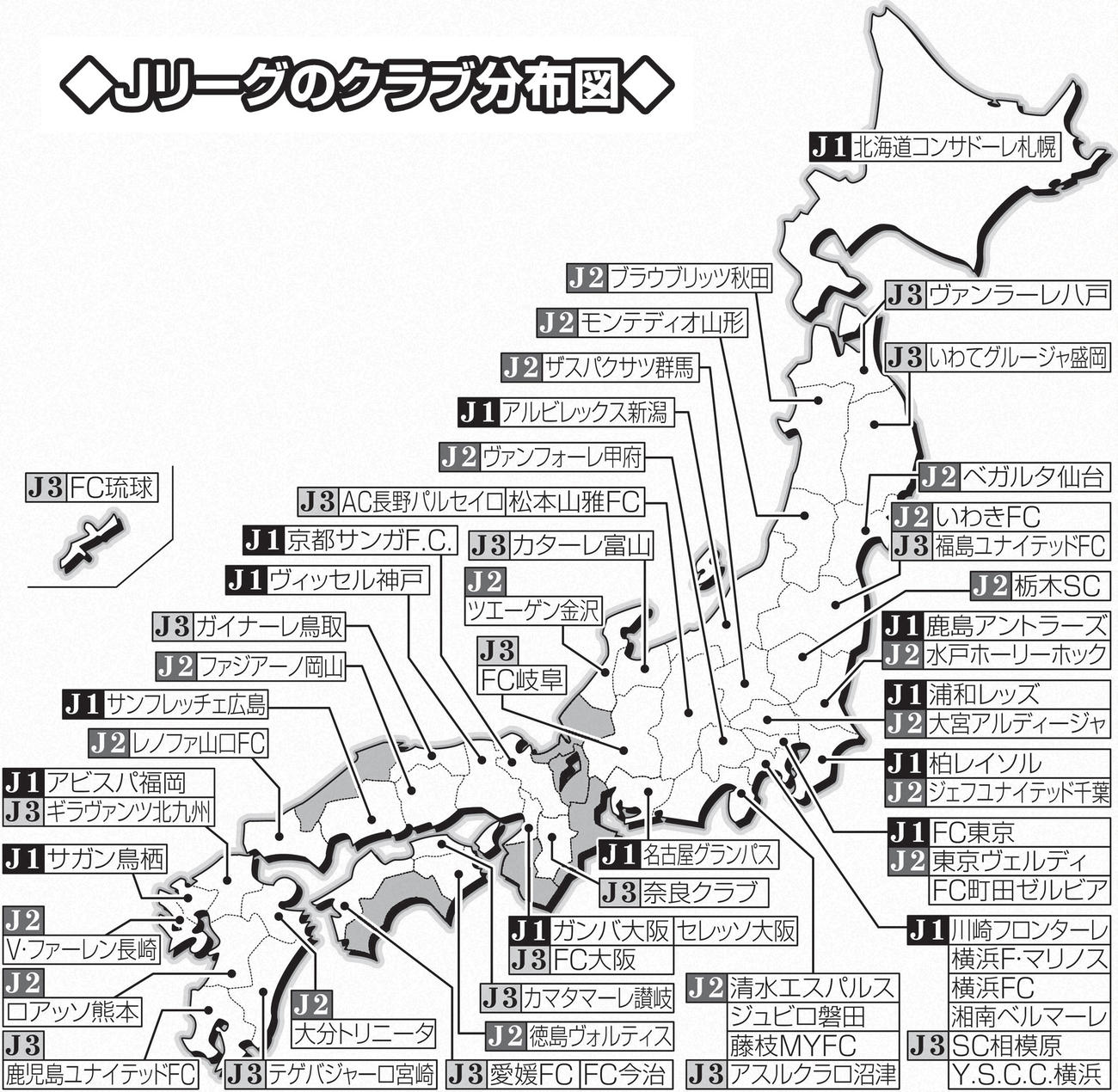Jリーグのクラブ分布図