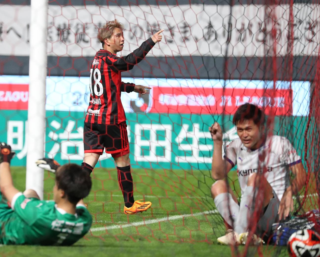 札幌対京都　後半、ゴールを決めスタンドを指さす札幌浅野（撮影・黒川智章）