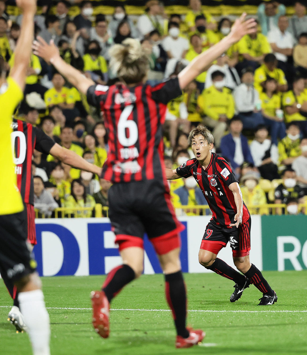柏対札幌　後半、ゴールを決め、喜ぶ札幌金子（右）（2023年6月3日撮影）