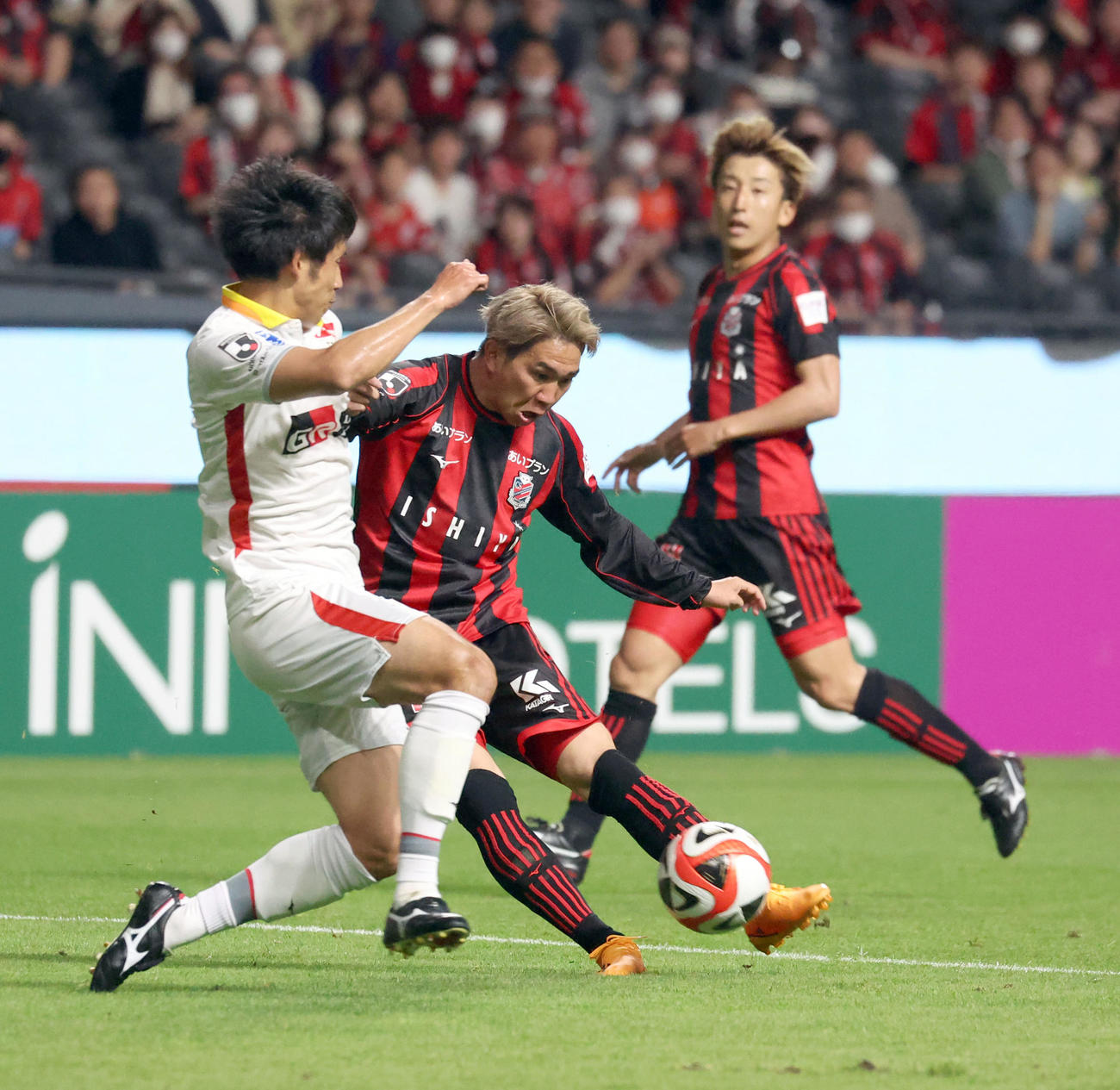 札幌対名古屋　前半、シュートを放つ札幌浅野（撮影・佐藤翔太）