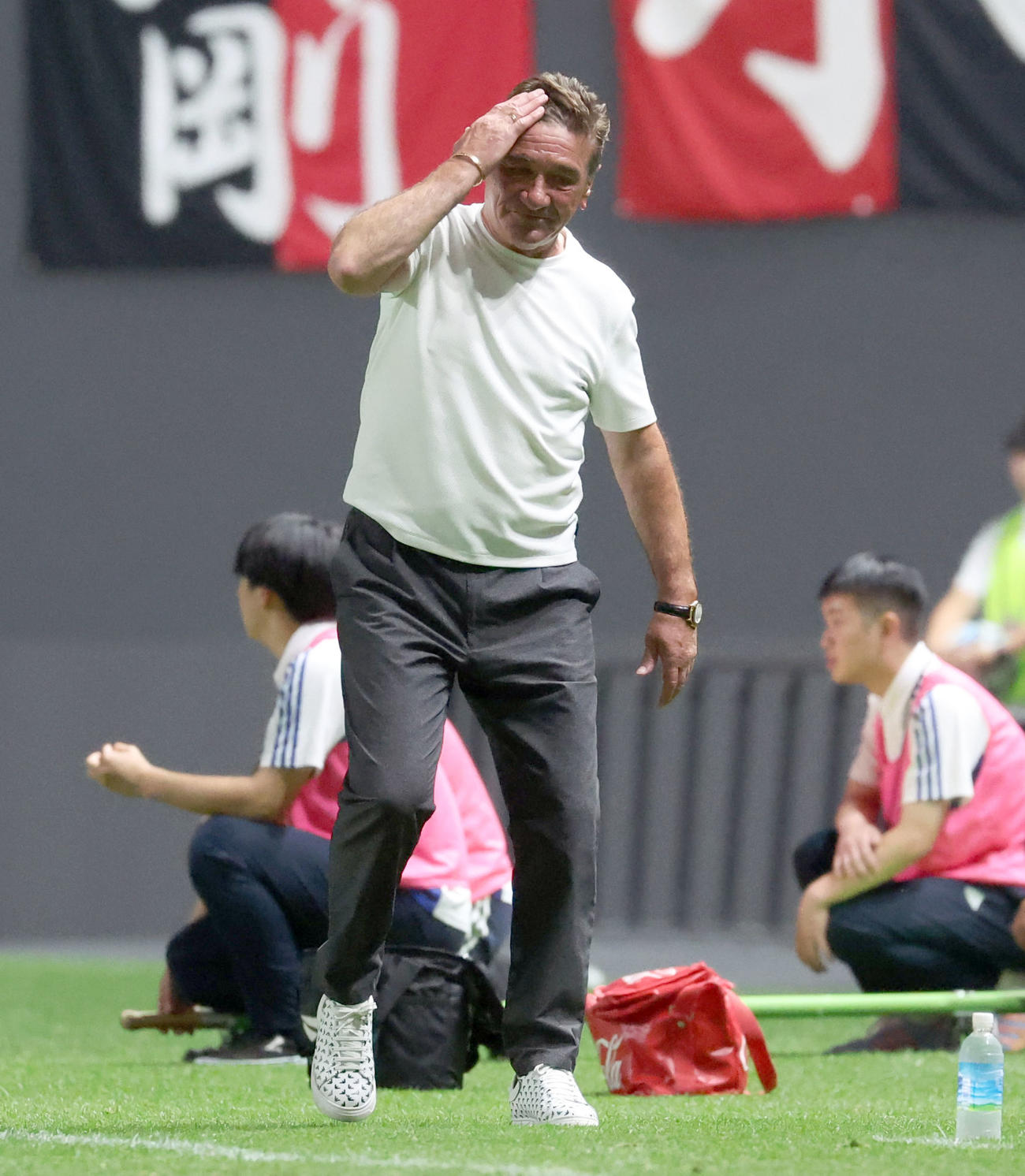 札幌対湘南　後半、頭をかかえる札幌ペトロヴィッチ監督（撮影・佐藤翔太）