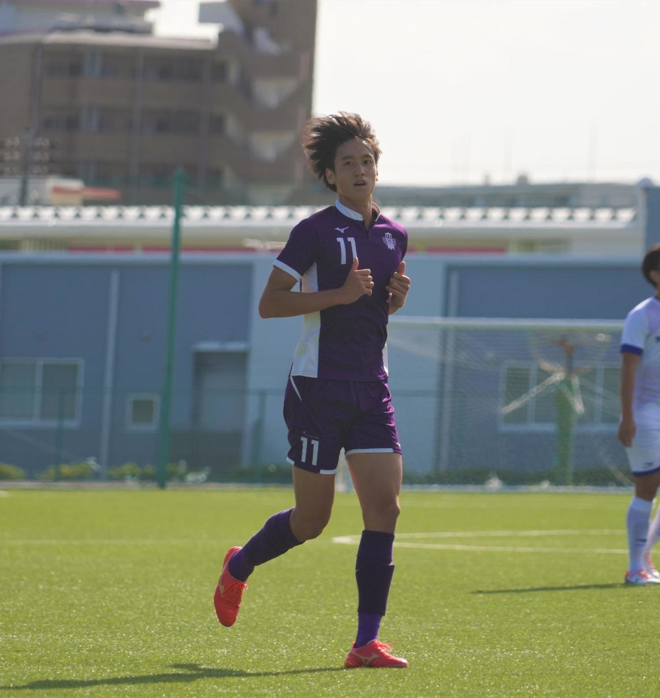 JR東日本カップ2023第97回関東大学サッカーリーグ戦1部明大対東国大戦で、2得点を記録した明大FW太田龍之介（撮影・佐藤成）