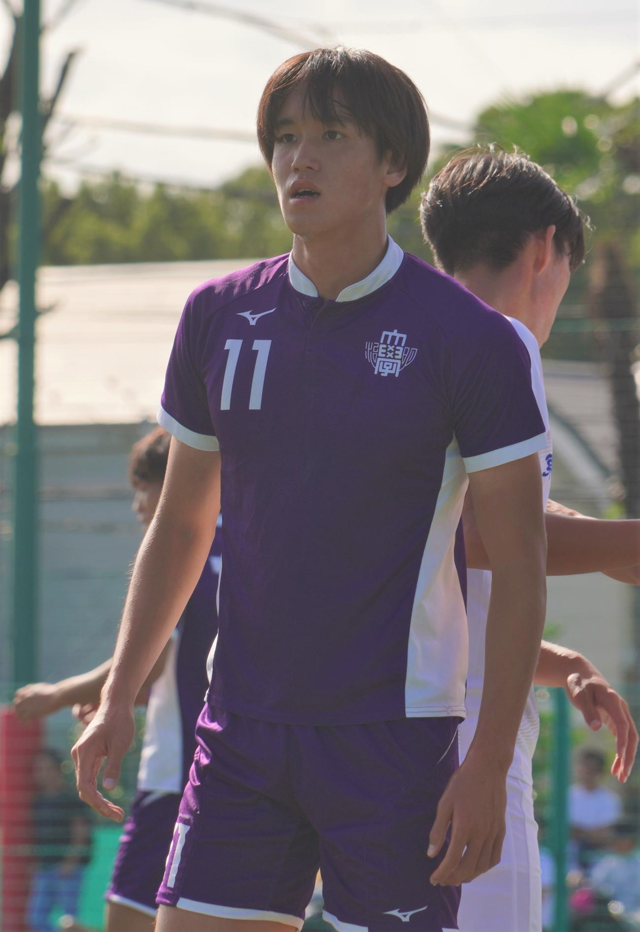 JR東日本カップ2023第97回関東大学サッカーリーグ戦1部明大対東国大戦で、2得点を記録した明大FW太田龍之介（撮影・佐藤成）