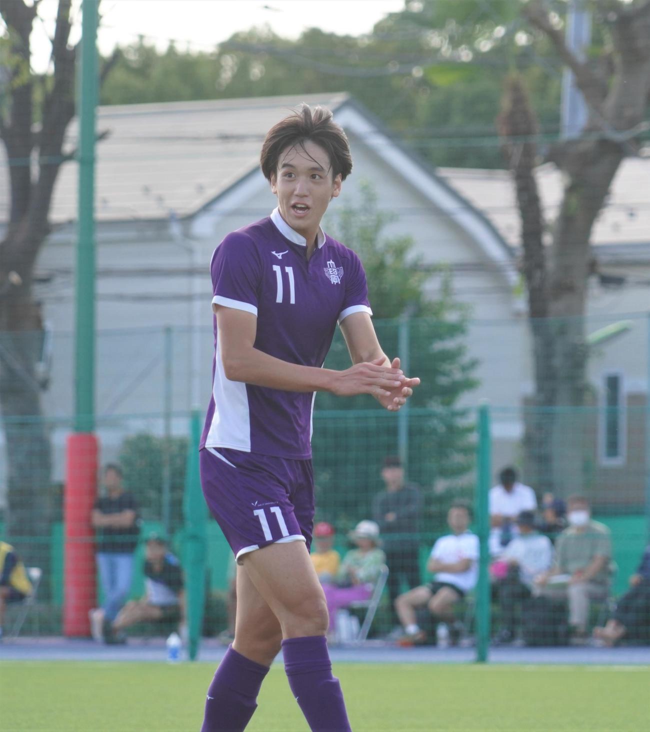 JR東日本カップ2023第97回関東大学サッカーリーグ戦1部明大対東国大戦で、2得点を記録した明大FW太田龍之介（撮影・佐藤成）