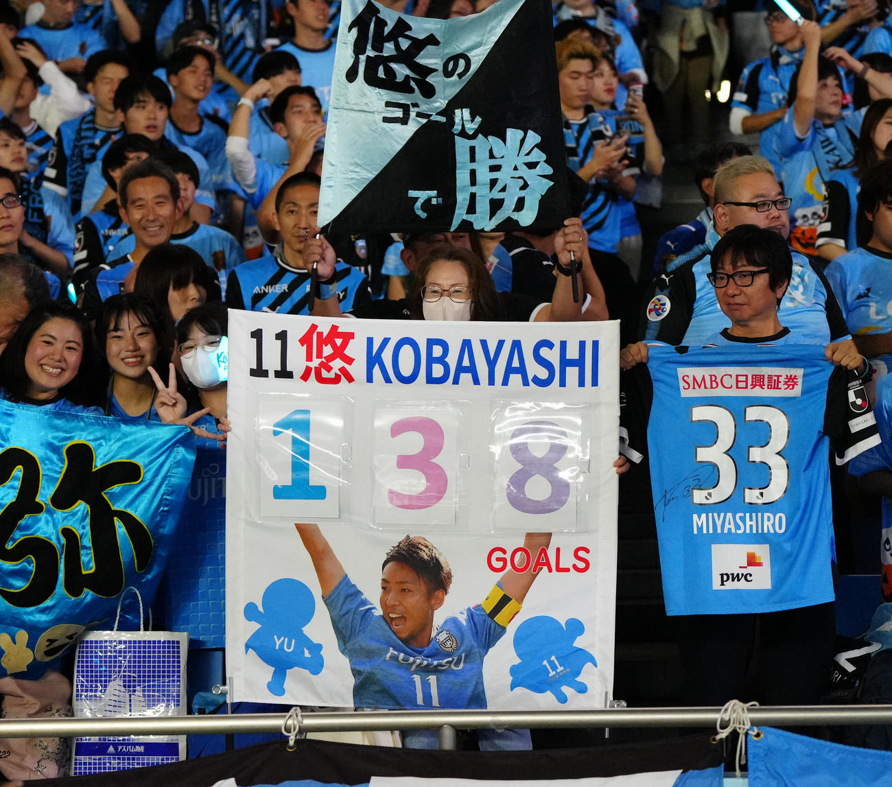 川崎F対福岡　試合後、川崎F小林の通算ゴール数を掲げるサポーター（撮影・江口和貴）