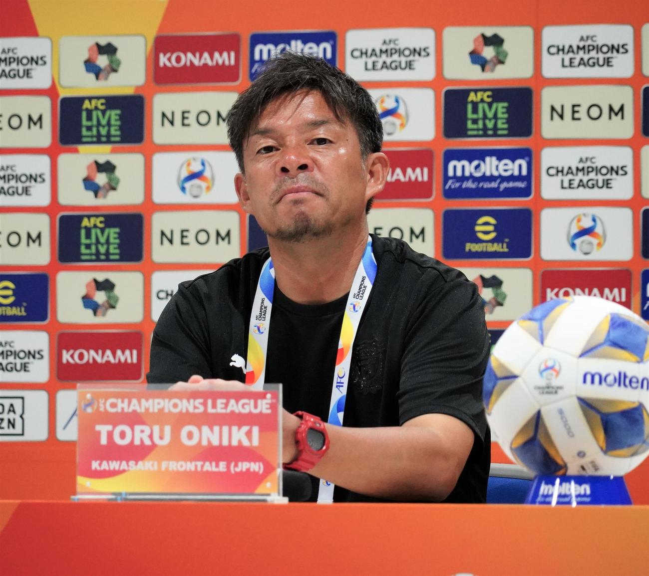 ACL第4戦BGパトゥム戦の前日会見に出席した川崎フロンターレ鬼木達監督（撮影・佐藤成）
