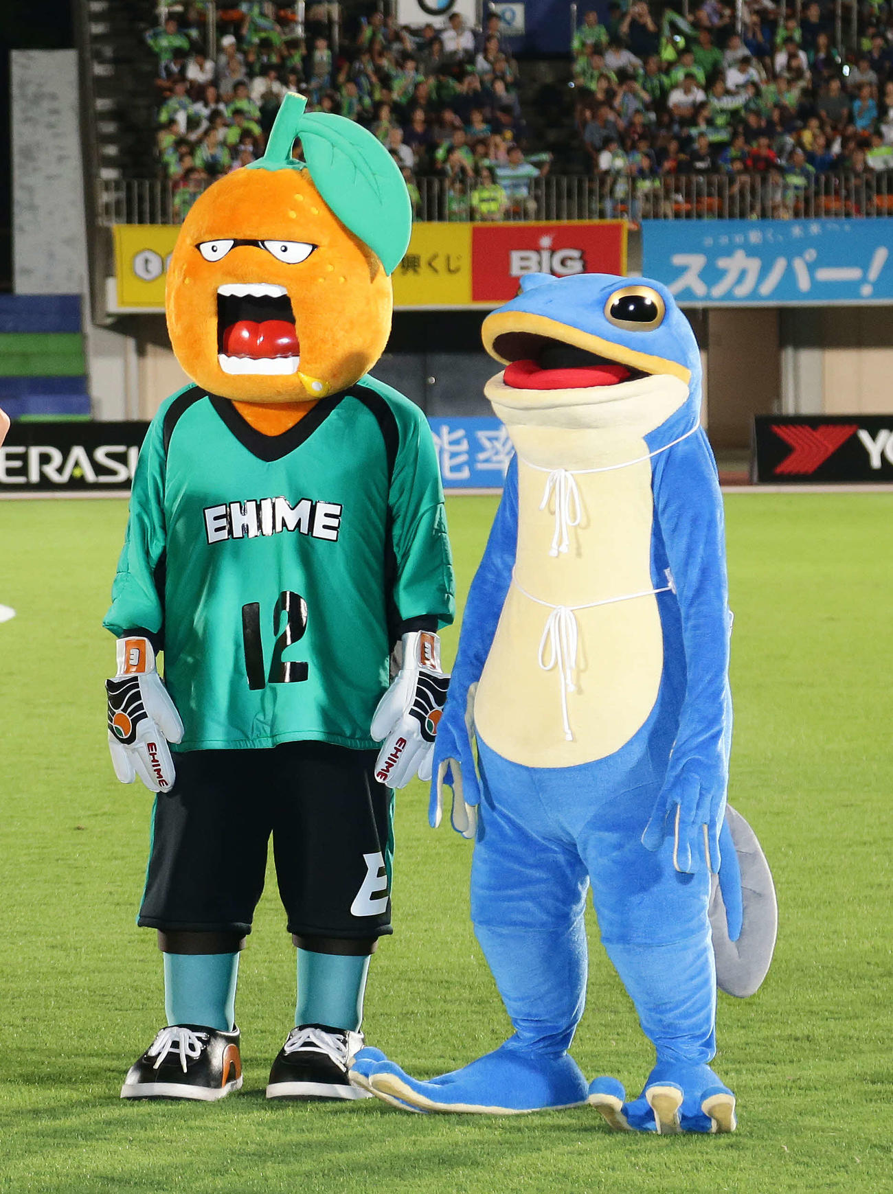 愛媛のマスコット伊予柑太（左）と熱烈サポーターの一平くん