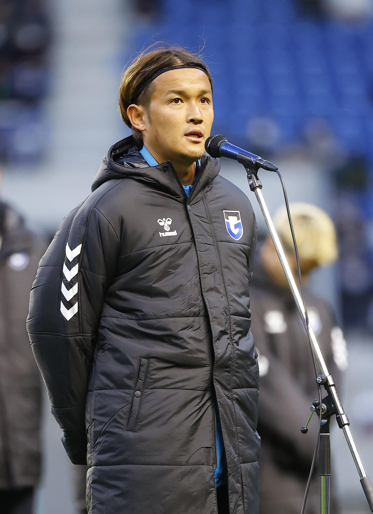 G大阪対神戸　最終戦セレモニーであいさつするG大阪宇佐美（撮影・藤尾明華）