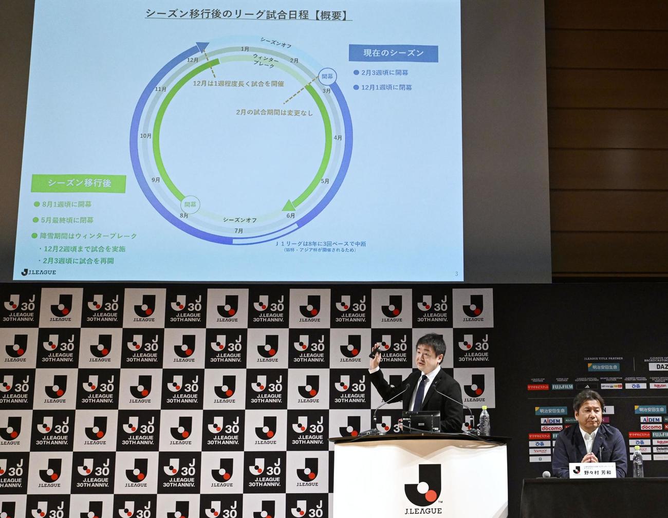 Jリーグの理事会終了後、東京都内で開かれた記者会見（共同）