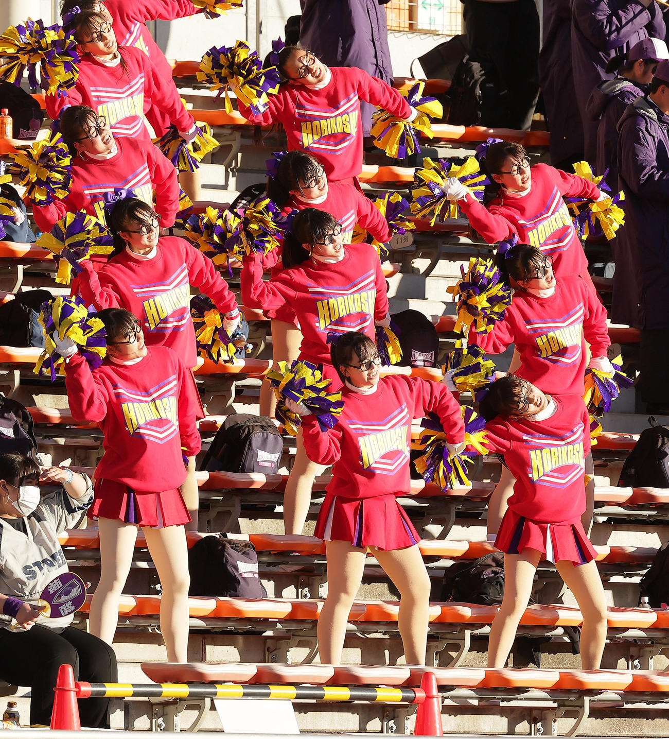 堀越対佐賀東　メガネをかけ新しい学校のリーダーズの「オトナブルー」に合わせ踊る堀越のチア（撮影・足立雅史）