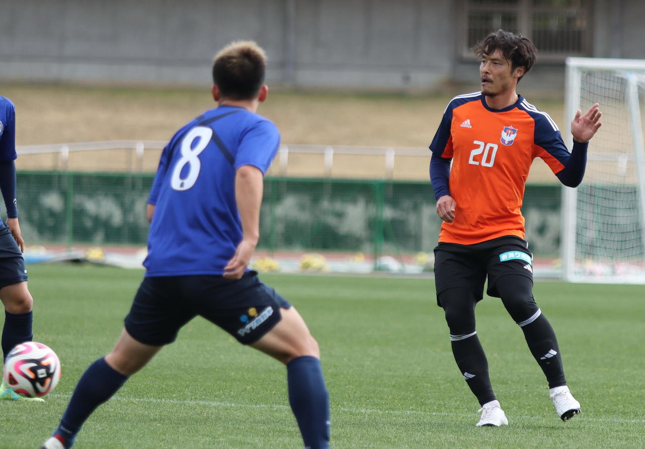 7日、J3富山との練習試合でパスを出す島田（右）（アルビレックス新潟提供）