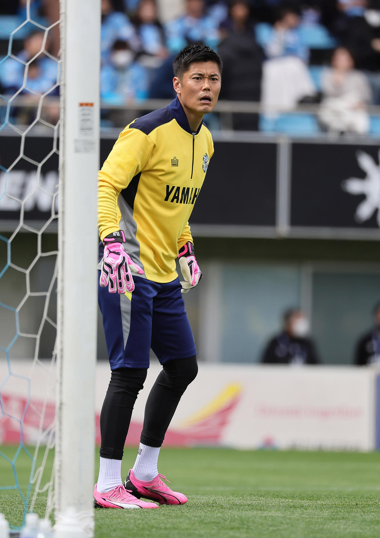 試合前練習に臨む磐田GK川島（撮影・足立雅史）