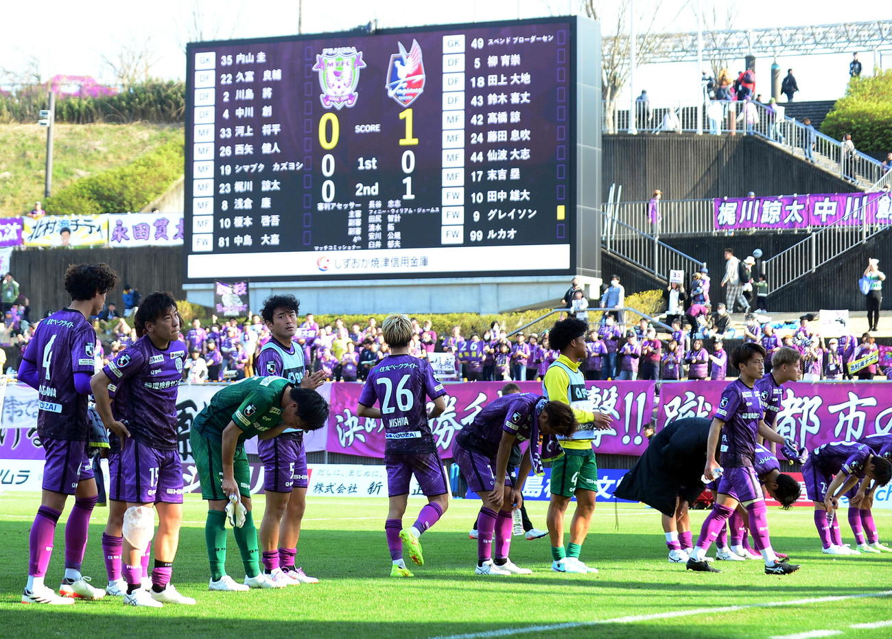試合後、肩を落とす藤枝の選手たち