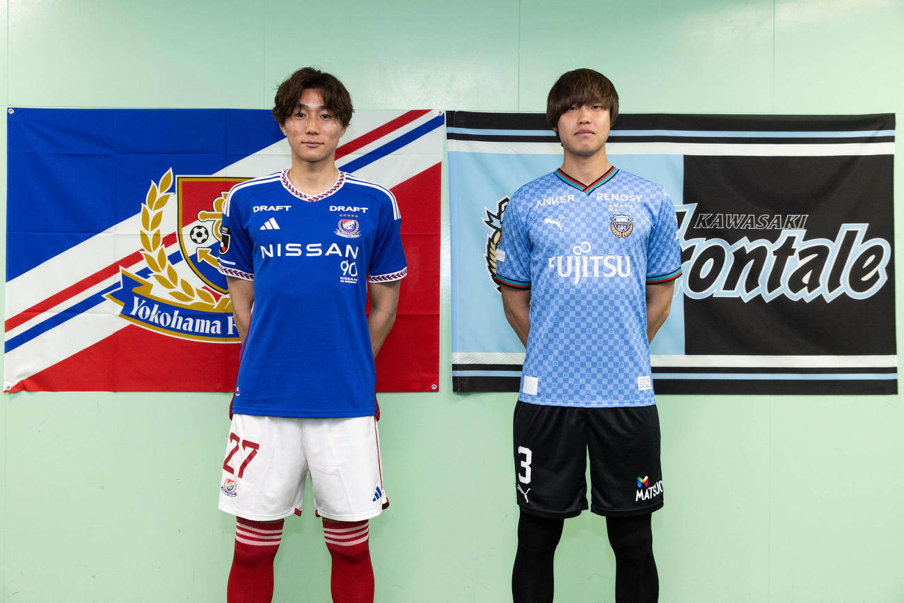 対談した横浜DF松原（左）と川崎F・DF大南（C）1992 Y.MARINOS／（C）KAWASAKI FRONTALE