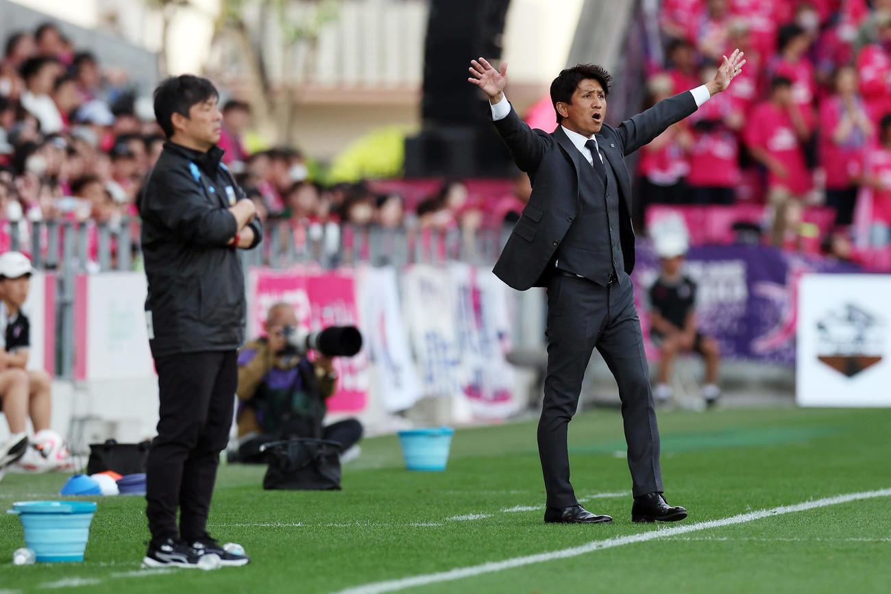 C大阪対川崎F　後半、選手に指示を出すC大阪小菊監督。左は見つめる川崎F鬼木監督（撮影・前田充）