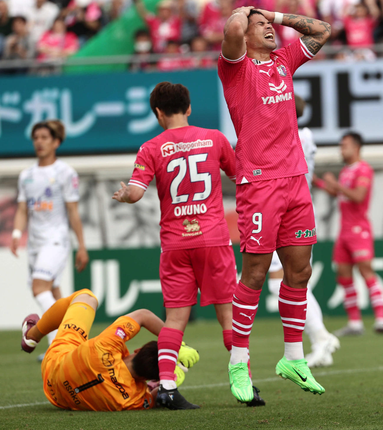 C大阪対広島　前半、クロスに合わせることができず悔しがるC大阪レオセアラ（撮影・西尾就之）