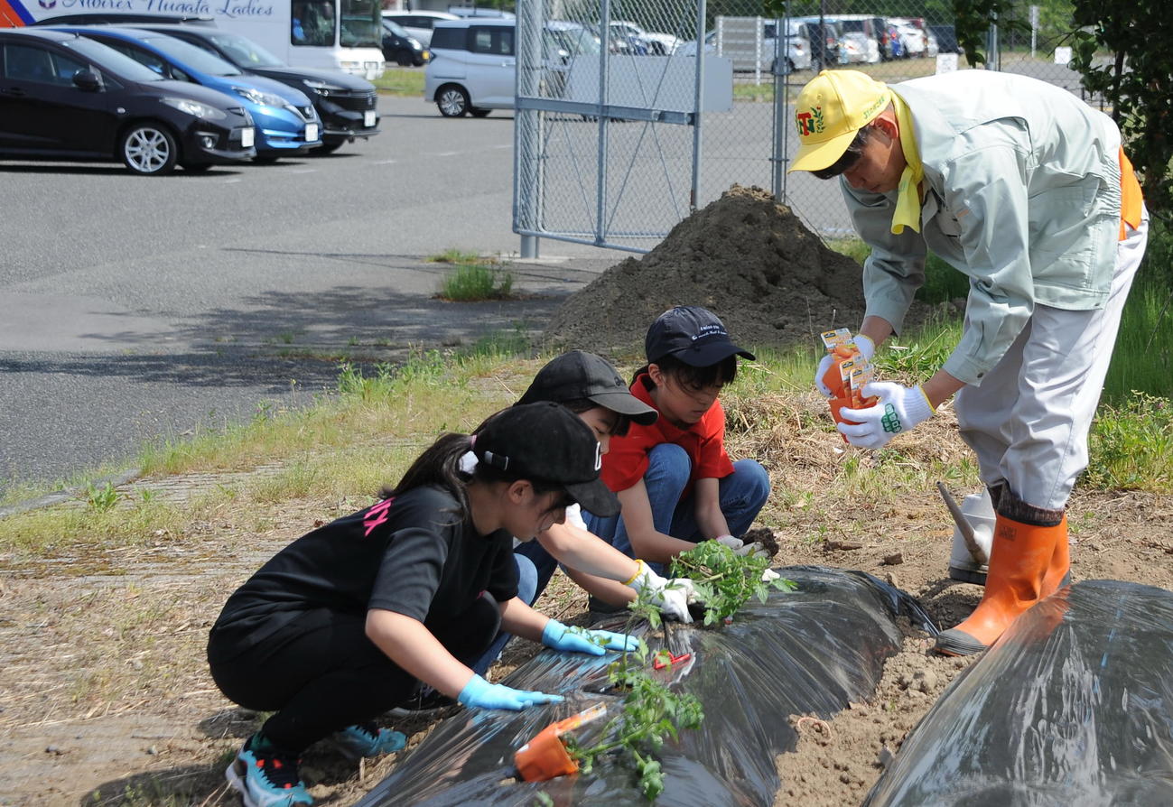 4月29日、クラブハウス前の「谷口農園」で子どもたちと野菜の苗を植える谷口（右）