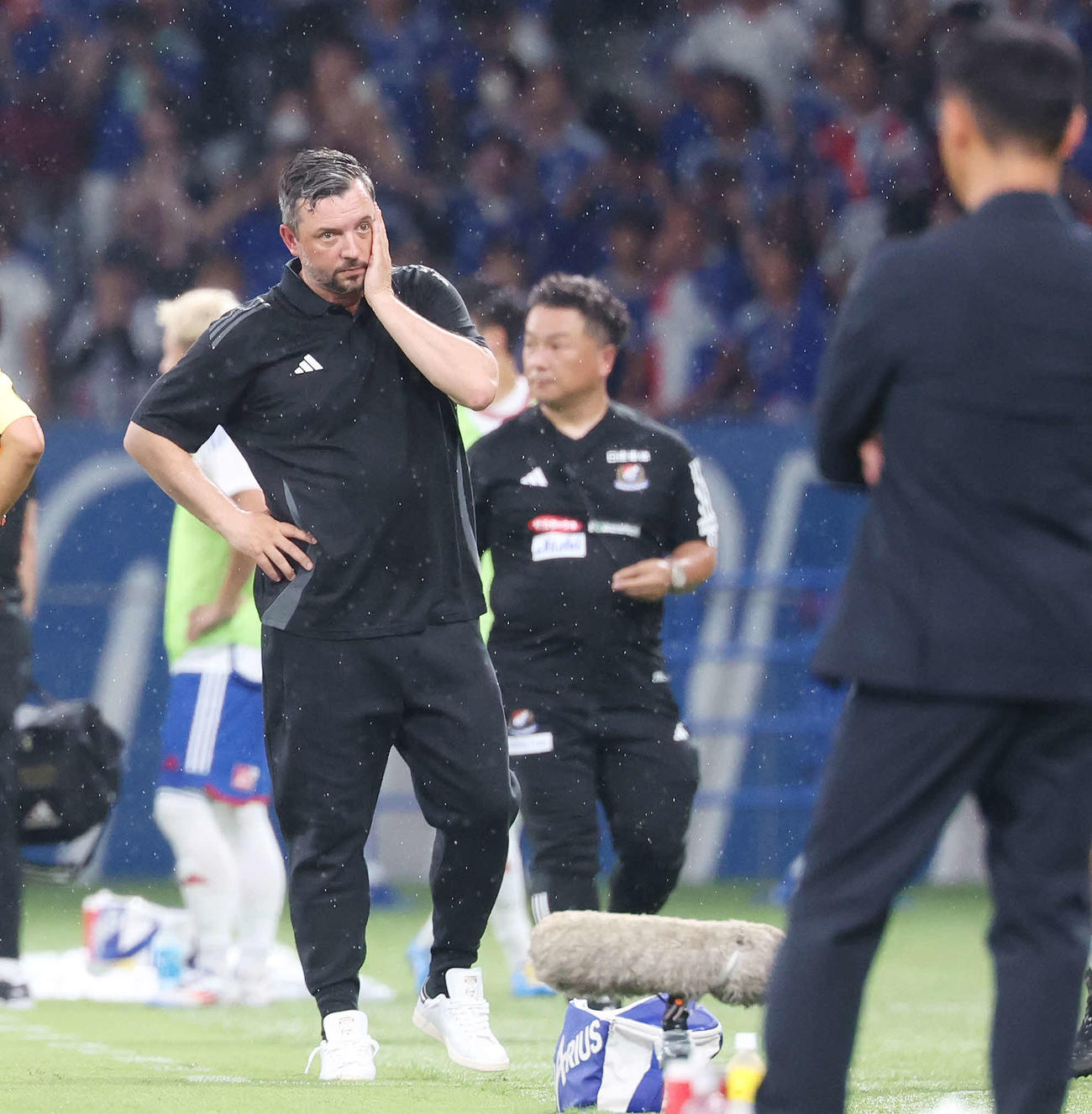 町田対横浜　後半、ノーファウルの判定に頭を抱える横浜ハッチンソン監督（撮影・宮地輝）