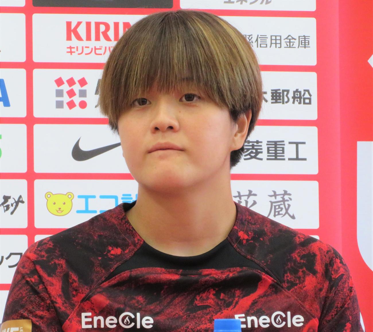 WEリーグ開幕前記者会見に出席した三菱重工浦和レッズレディース島田芽依（撮影・佐藤成）