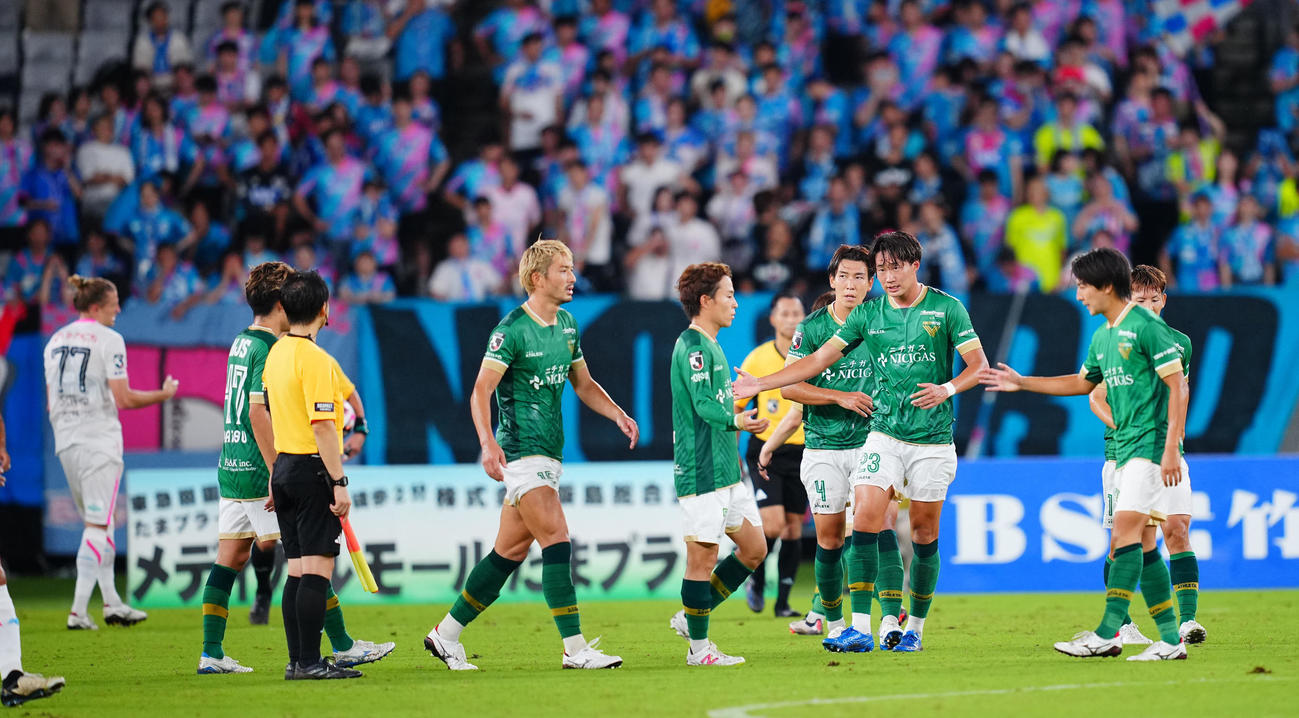 東京V対鳥栖　鳥栖に勝利しタッチを交わす東京Vの選手たち（撮影・垰建太）