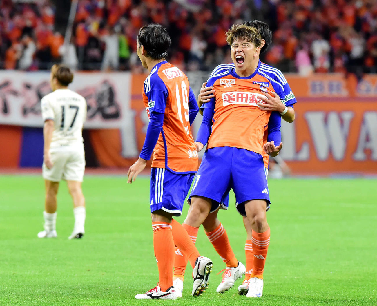 新潟対川崎F　前半、先制ゴールを決め雄たけびを上げる新潟谷口（右）（撮影・大島享也）