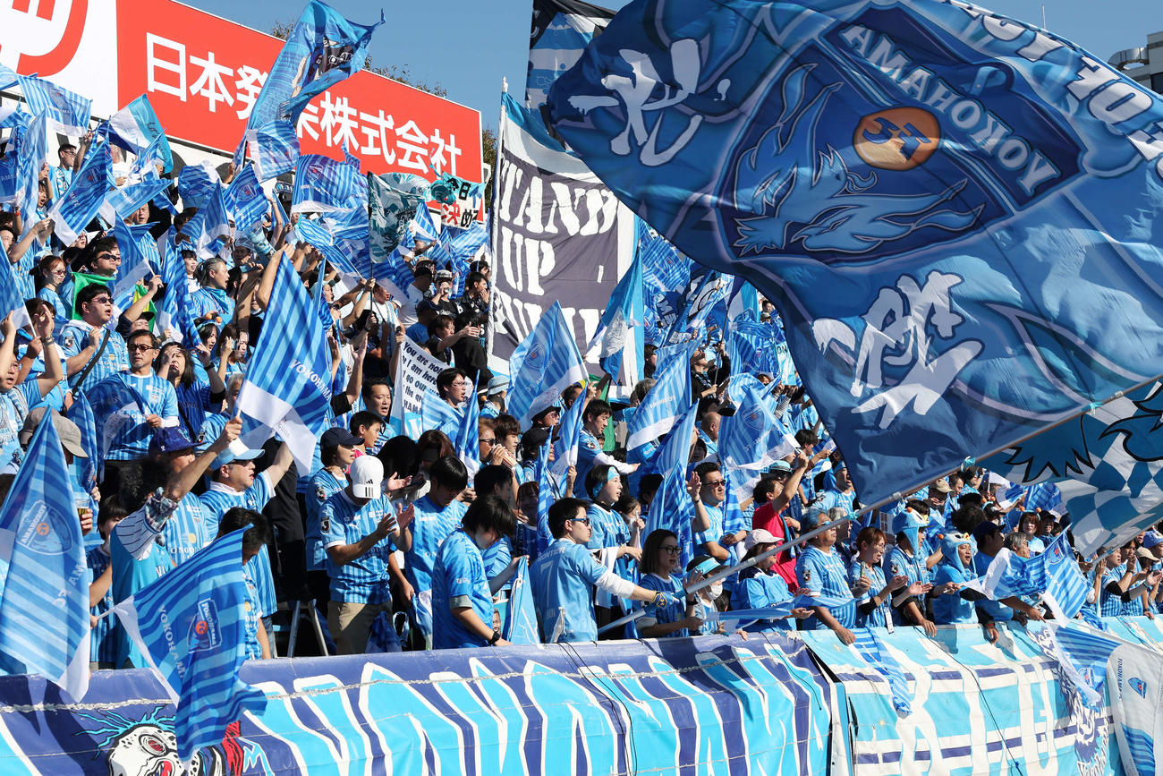 横浜FC対栃木　応援する横浜FCサポーター（撮影・宮地輝）