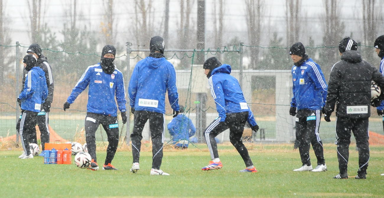 雪が舞う中、浦和戦前日練習を行う新潟の選手たち（撮影・小林忠）