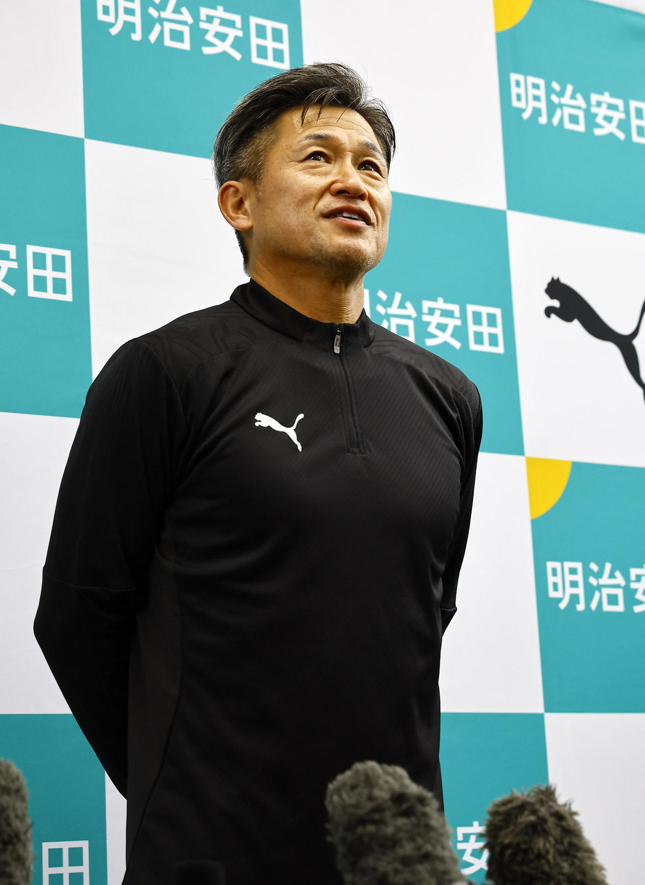 サッカートレーニング体験イベントを終え、取材に応じる鈴鹿三浦（撮影・藤尾明華）